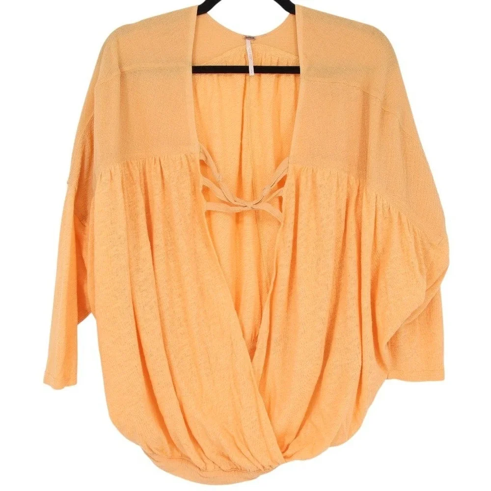 Free People Double Knot Top Size S Orange Linen Blend Surplice Drapey Oversized